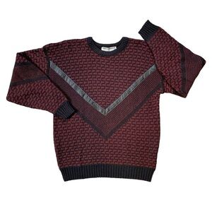 Vintage 1990s Eric Rhodes Geometric Black Leather Trim Knit Sweater